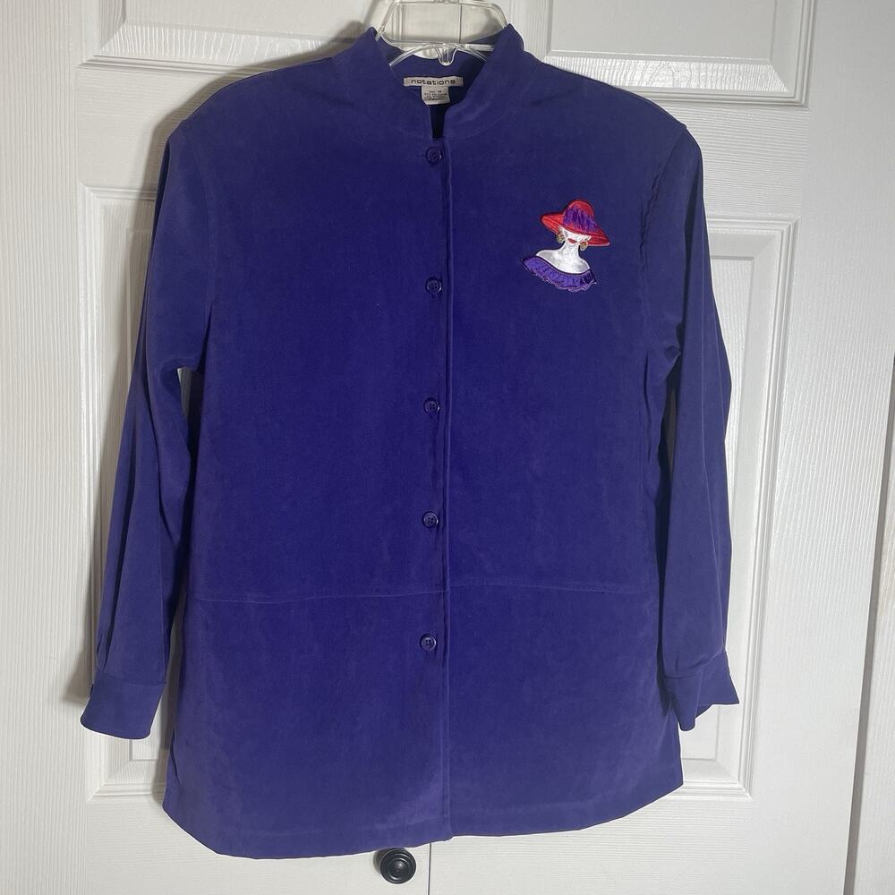 Vintage‎ 90s Notations Red Hat Lady Jacket Women M Purple Button Front Applique